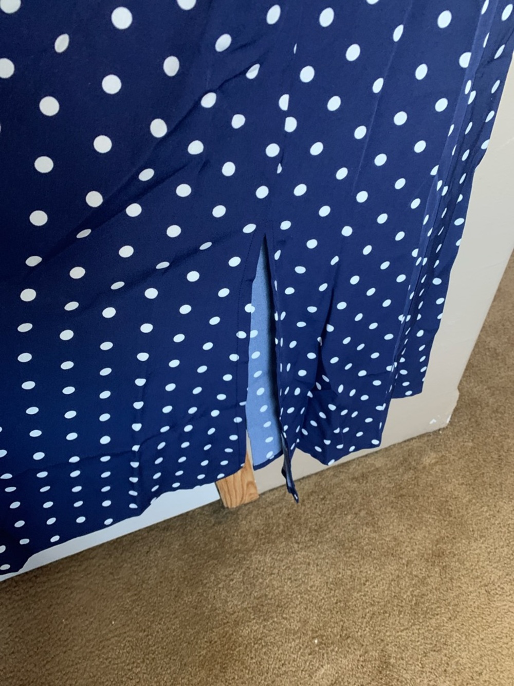 NAVY Polka Dot Midi Dress with Side Slit & Spaghetti Straps - Picture 6 of 7